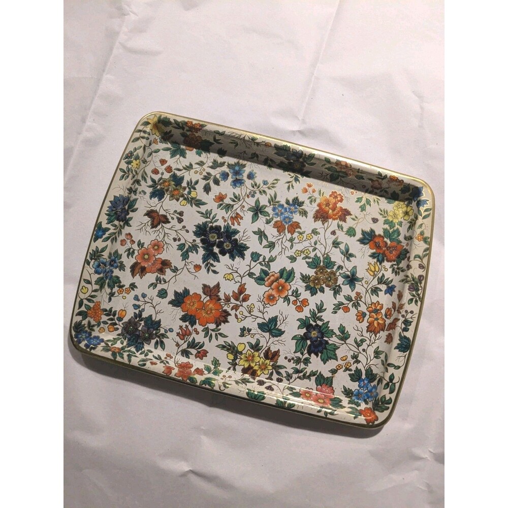 Daher Decorated Ware Floral Patterned Tin Rectangular Dresser Tray Gold Tone